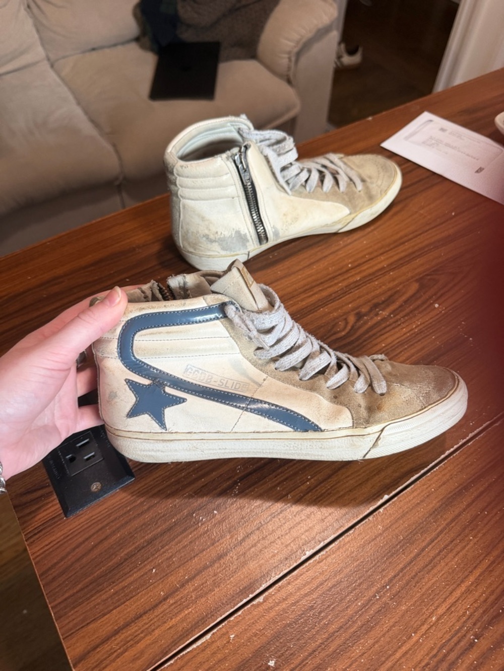 Golden Goose Mid-Top Sneakers in Cream and Blue Star